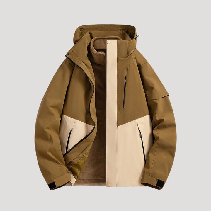 Modern unisex waterproof hooded outdoor jacket. All-season protective coat for versatile daily wear & adventure.