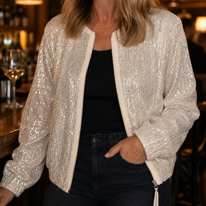 Stylish women's sparkly sequin zip-up jacket. Ideal for party wear, evening events, and glamorous style.