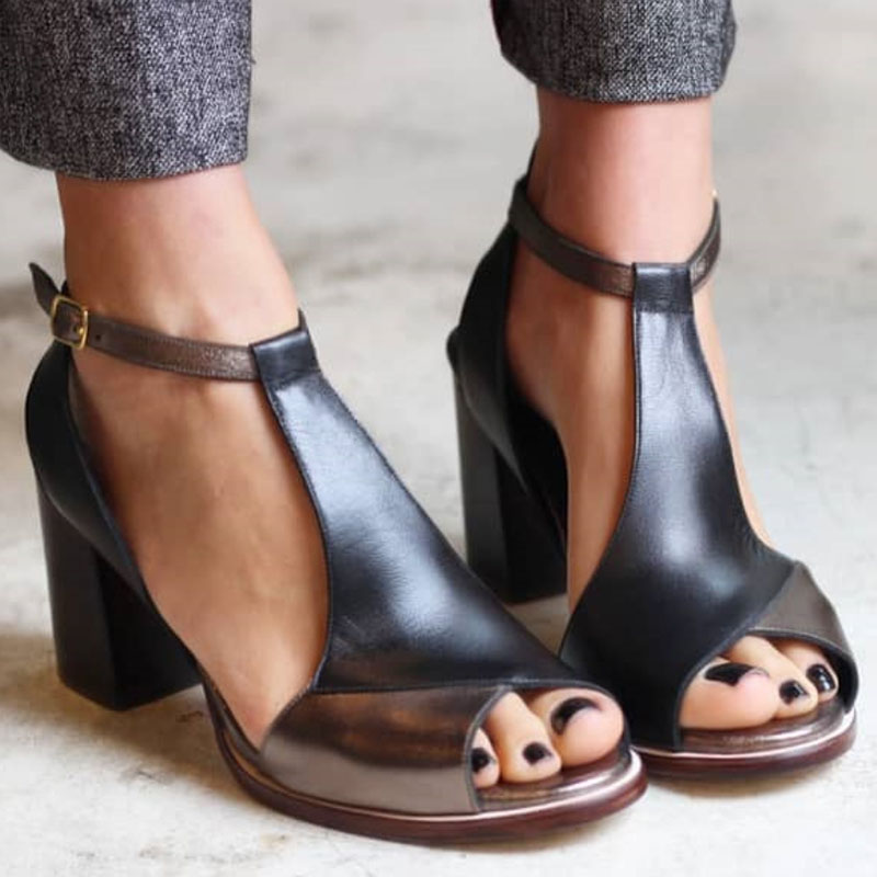 Women's Black Patchwork Peep Toe Heels