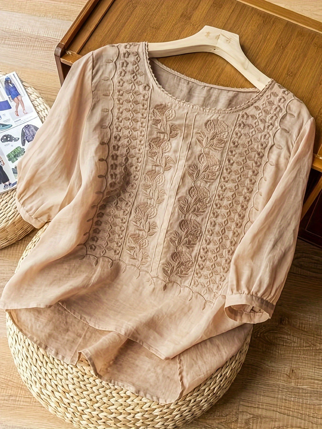 Everyday elegant women's embroidered long sleeve blouse, relaxed fit, comfortable and chic for any outfit.