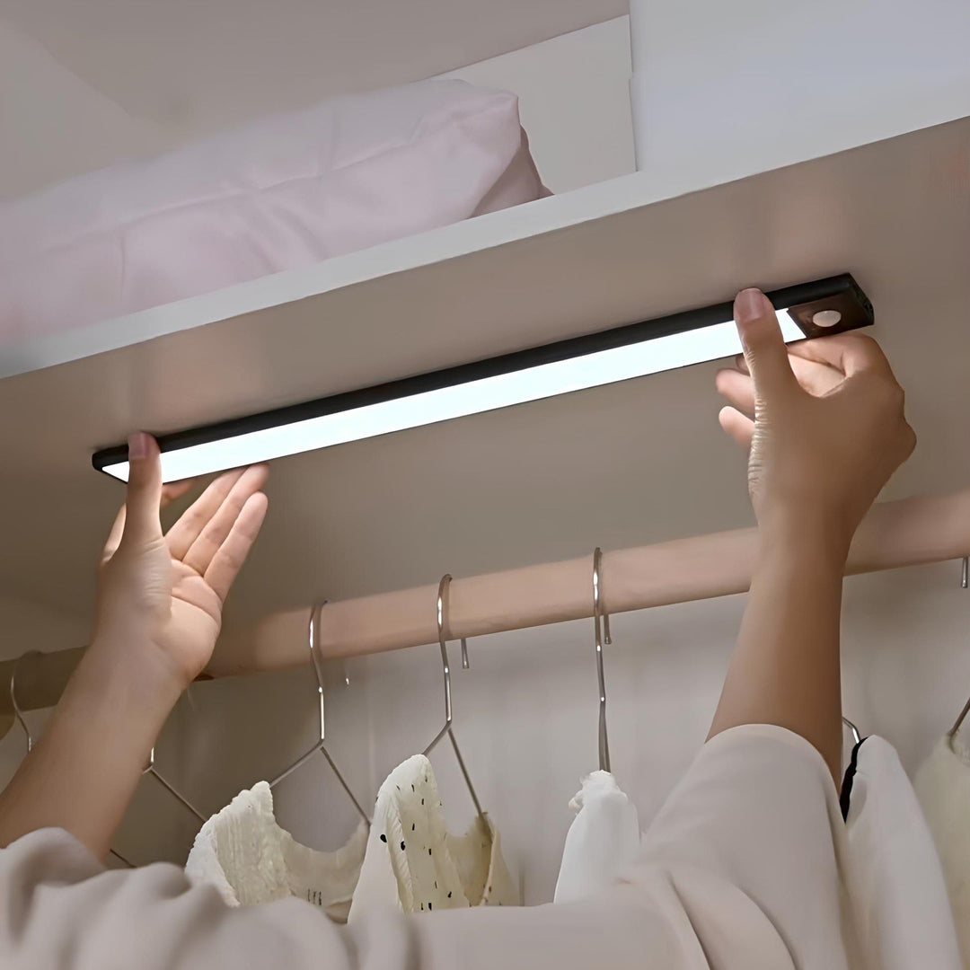 Sleek magnetic LED light bar, wireless & dimmable, with motion sensor for smart hallway & kitchen light.