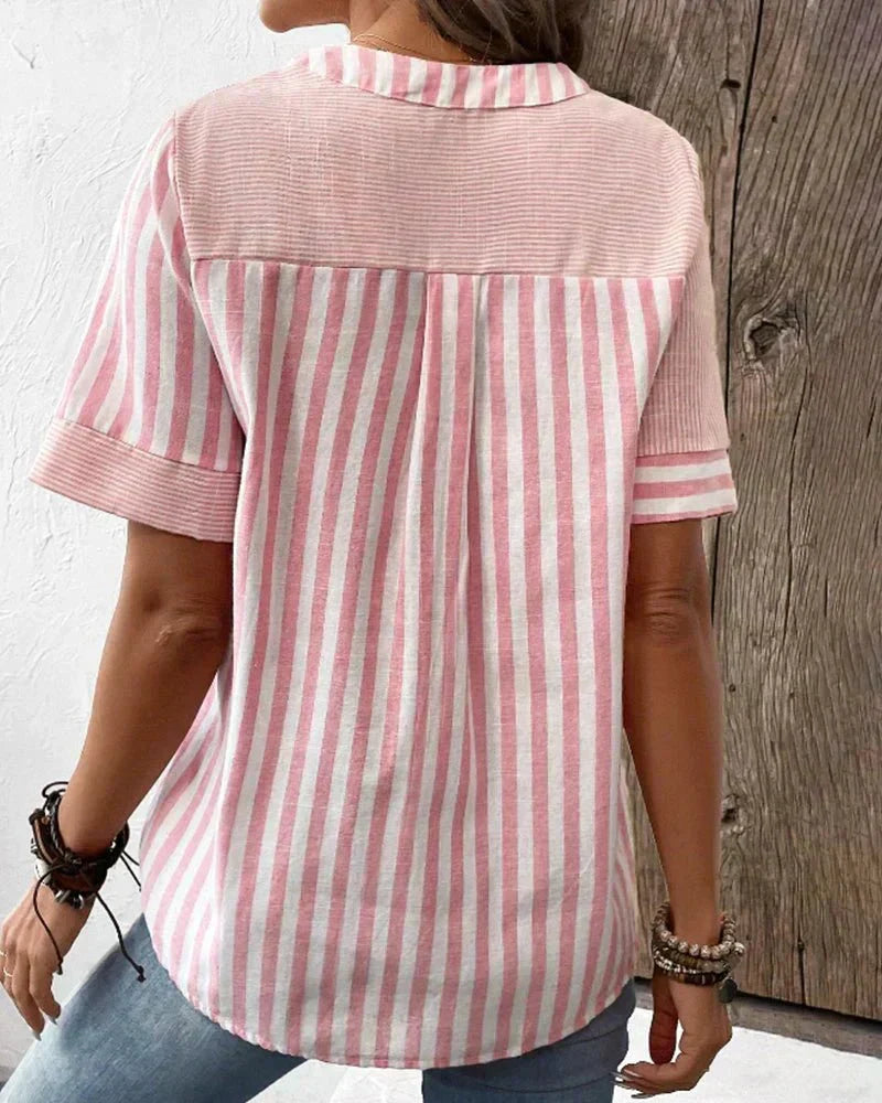Elegant striped casual blouse for women, featuring a round neck and soft fabric for comfort.