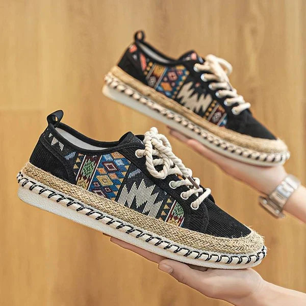 Back view of men's adventure-ready Aztec print sneakers, highlighting the unique design.