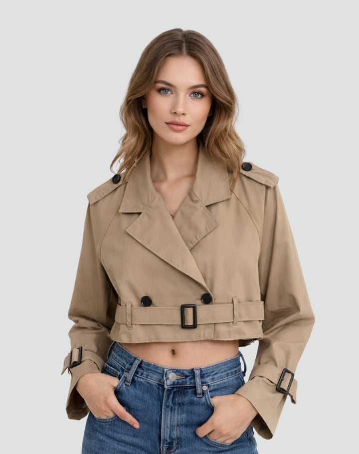 Versatile women's cropped double-breasted trench coat with belt. Stylish outerwear for spring/fall.