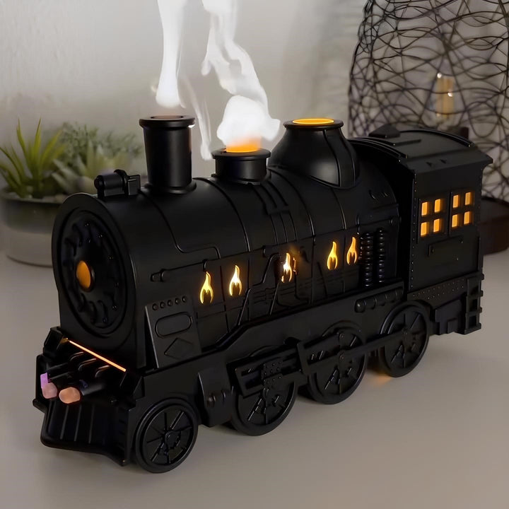Decorative retro locomotive humidifier, USB powered, delivering cool mist and LED light for better air.
