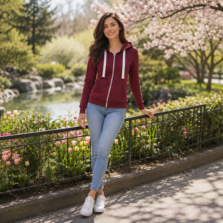 Side view of a woman in a slim fit hooded jacket, showcasing its sleek activewear design & comfort fit.