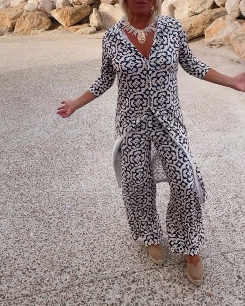 Comfortable women's printed V-neck tunic and wide-leg pants set, perfect for loungewear or travel.