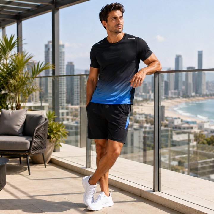 Comfortable men's quick-dry t-shirt & workout shorts set, perfect for training clothes.