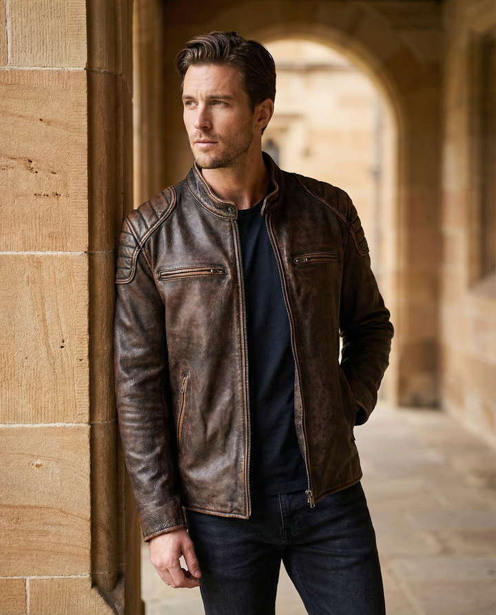 Front view of a men's vintage distressed leather biker jacket, featuring cool zippers & classic rugged design.
