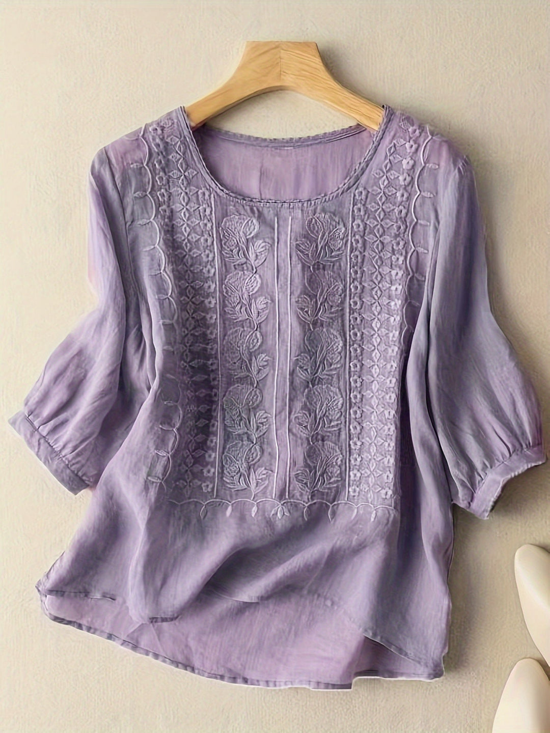 Office-ready women's embroidered blouse, relaxed fit long sleeve top, elegant and comfortable.