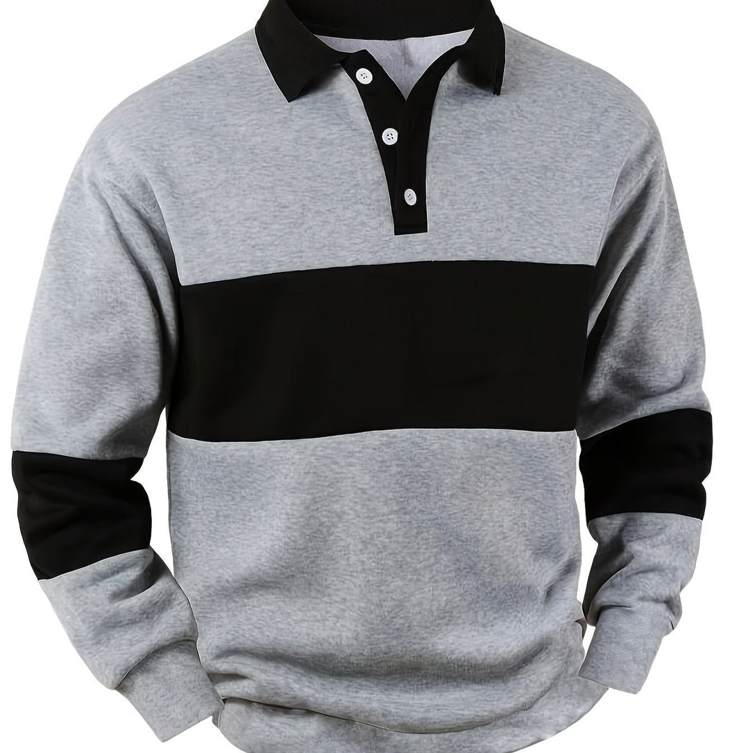 Everyday comfort: men's colour-block long sleeve polo, relaxed fit, two-tone design.