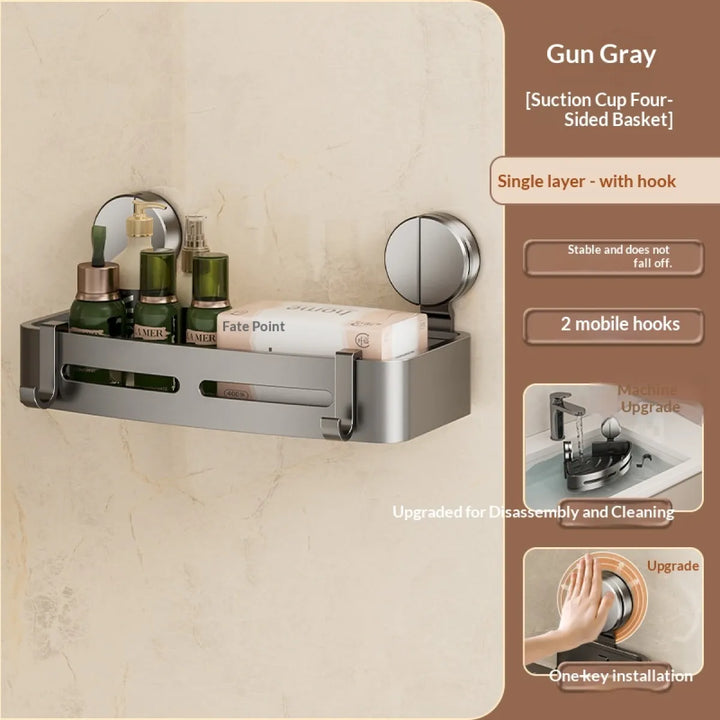 Secure suction cup bathroom shelf, no drilling required for a modern shower caddy.