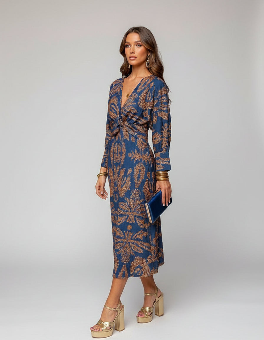 Front view of a stylish boho wrap maxi dress for women, perfect for summer casual or elegant vacation wear.