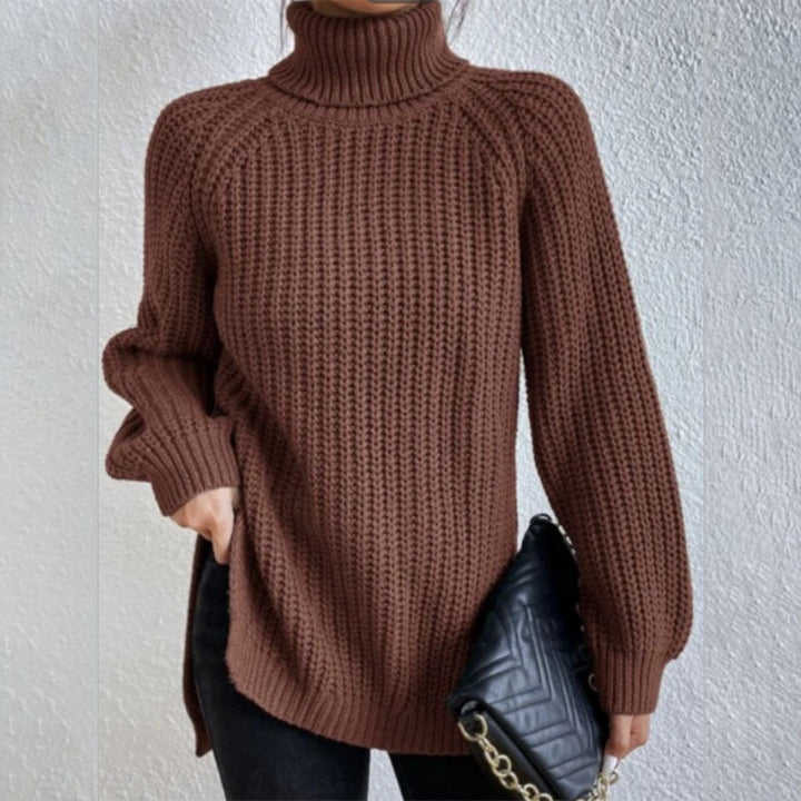 Solid color women's turtleneck pullover. Long sleeve, split hem. Great for casual or elegant looks.