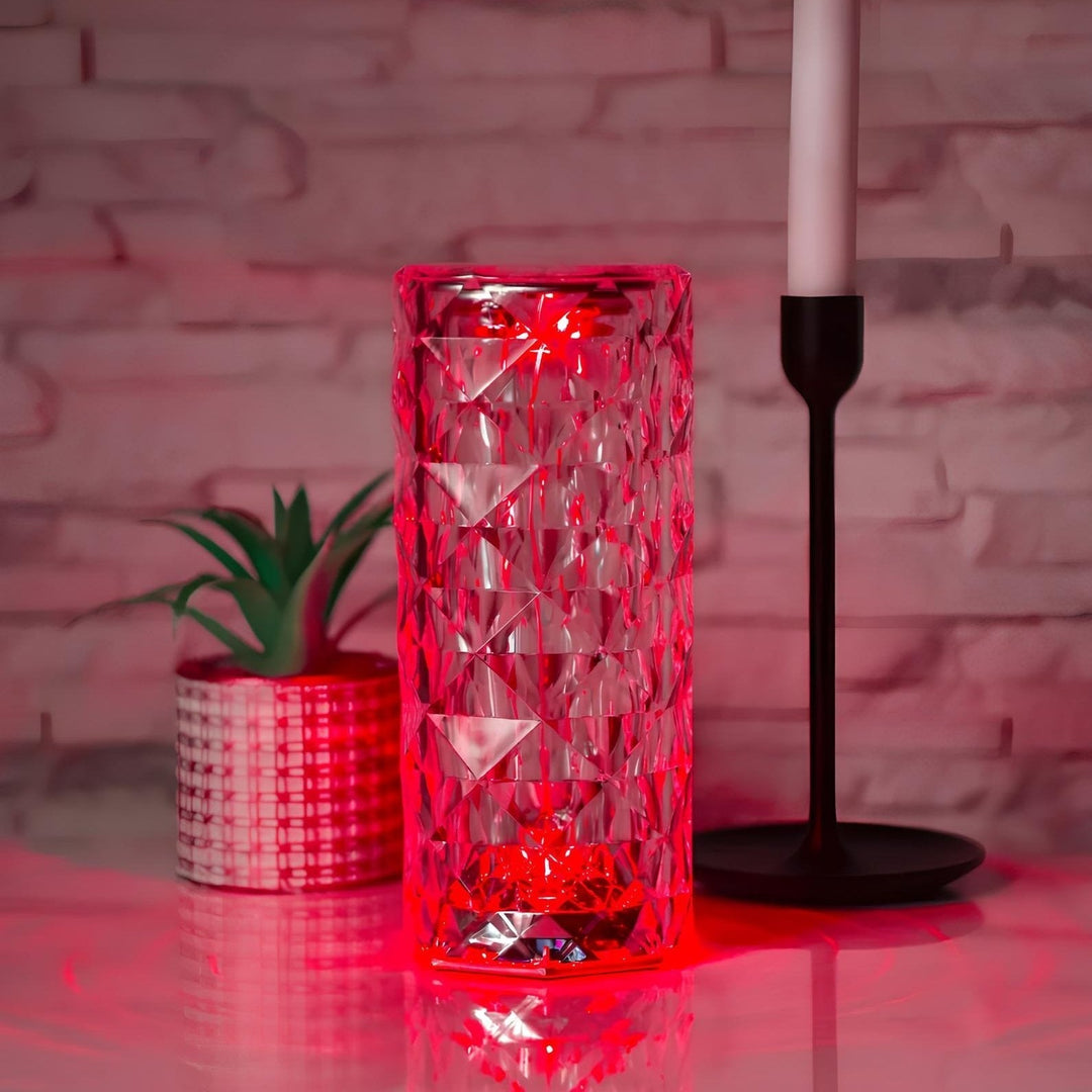 Sparkling crystal lamp with dimmable, color-changing LED, remote-controlled for modern ambiance.