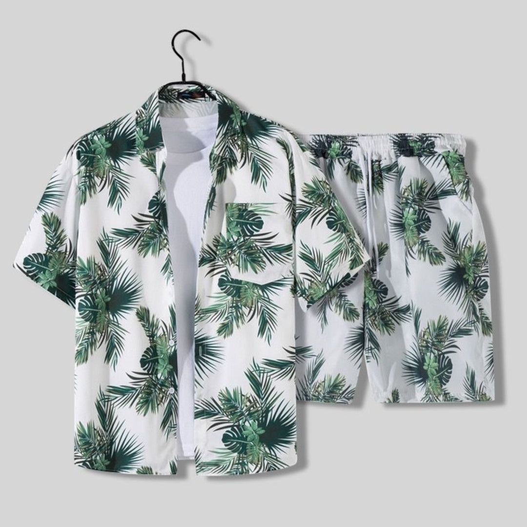 Complete men's tropical summer shirt & shorts outfit for warm weather, perfect beachwear and vacation.