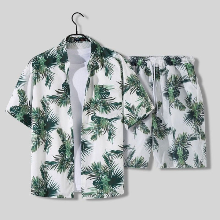 Complete men's tropical summer shirt & shorts outfit for warm weather, perfect beachwear and vacation.