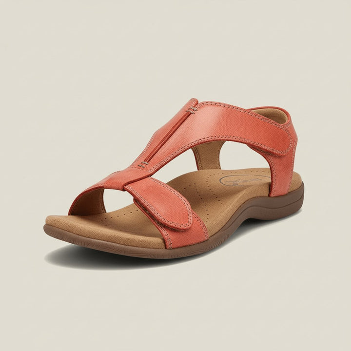 Women's comfortable T-strap orthopedic sandals with adjustable velcro for everyday wear.
