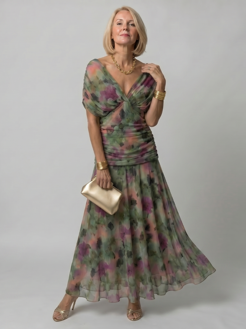 Stylish women's off-shoulder midi dress, comfortable, with a flattering flowy fit and flared skirt.