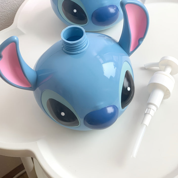 Close-up of vibrant Disney Stitch character liquid soap dispenser. Detailed PVC design & pump mechanism for hygiene.