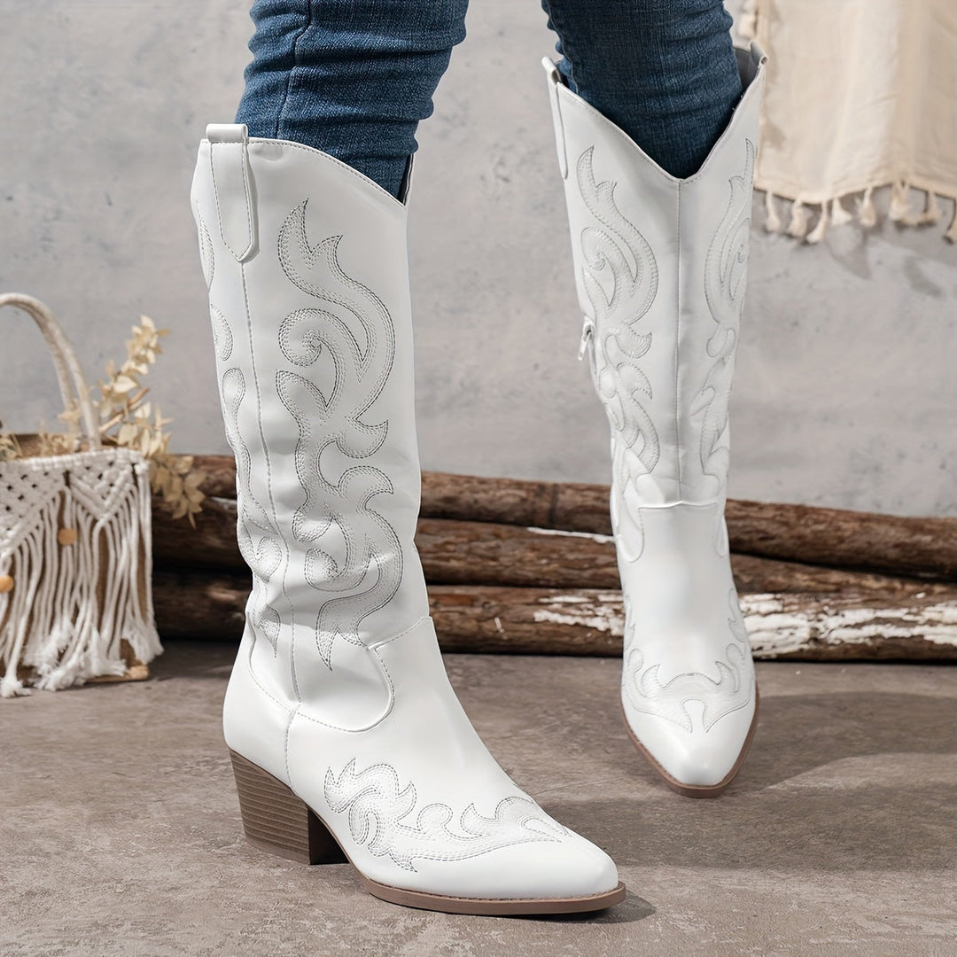 Front view of women's western embroidered boots, showing pointed toe and decorative shaft details.