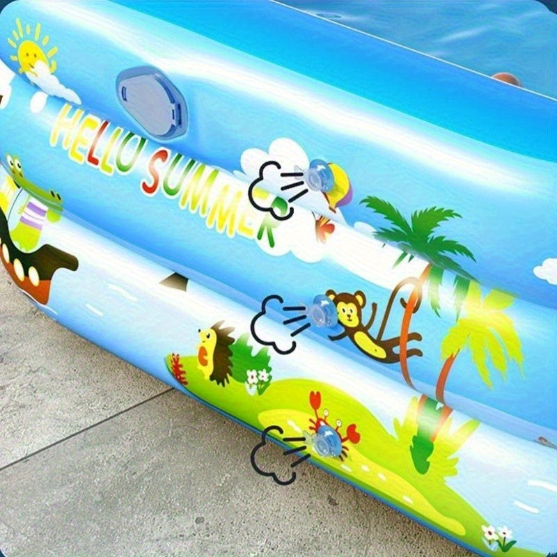 Happy children splashing and playing in a vibrant ocean theme inflatable paddling pool outdoors.