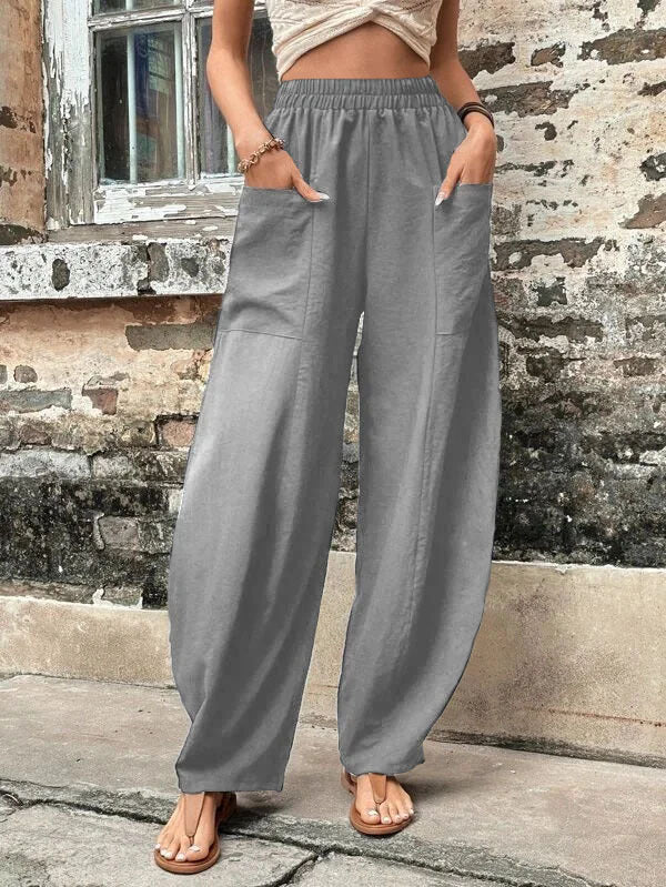 Textured fabric detail of comfortable women's wide-leg pants, ideal for a loose fit and flowing style.