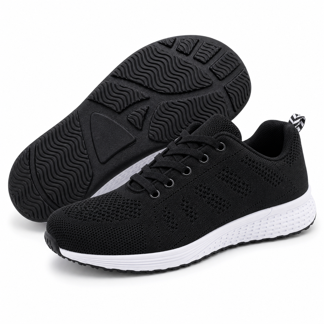 Women's comfort walking flat shoes, side view, ideal for everyday wear & foot support.