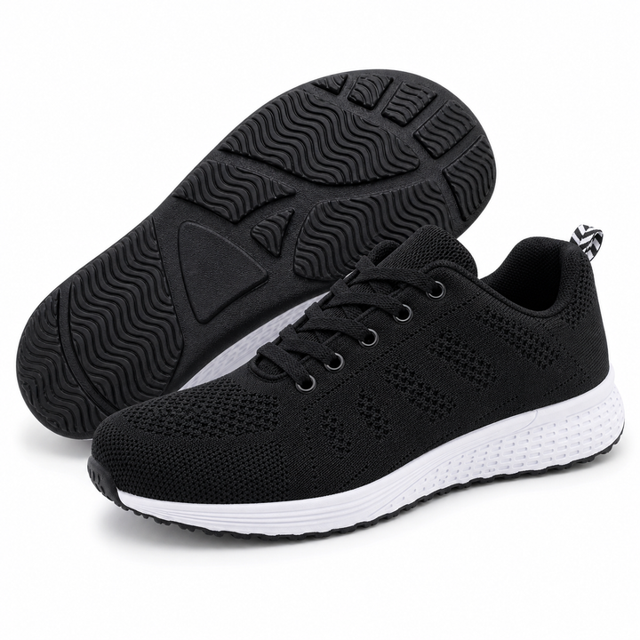 Women's comfort walking flat shoes, side view, ideal for everyday wear & foot support.