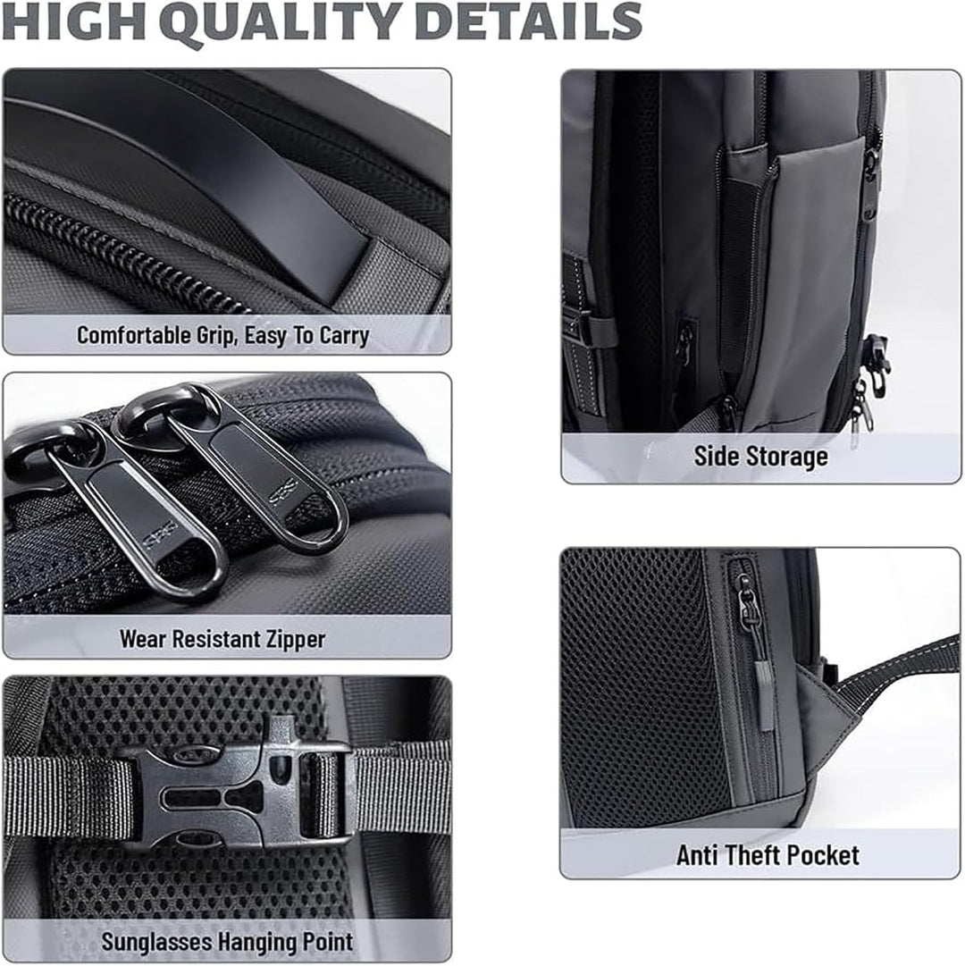 Smart expandable travel bag, suitable as a carry-on, with anti-theft features & wet pocket.
