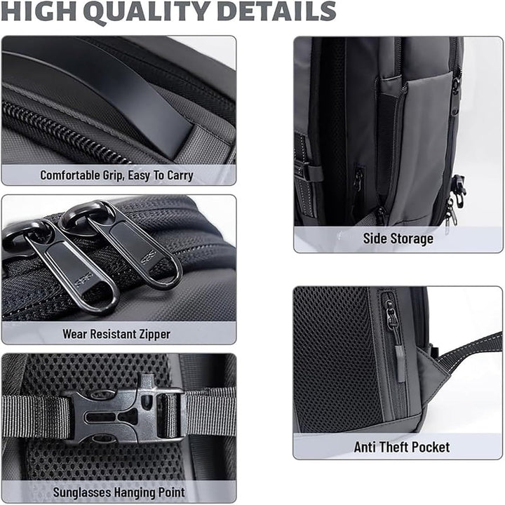 Smart expandable travel bag, suitable as a carry-on, with anti-theft features & wet pocket.