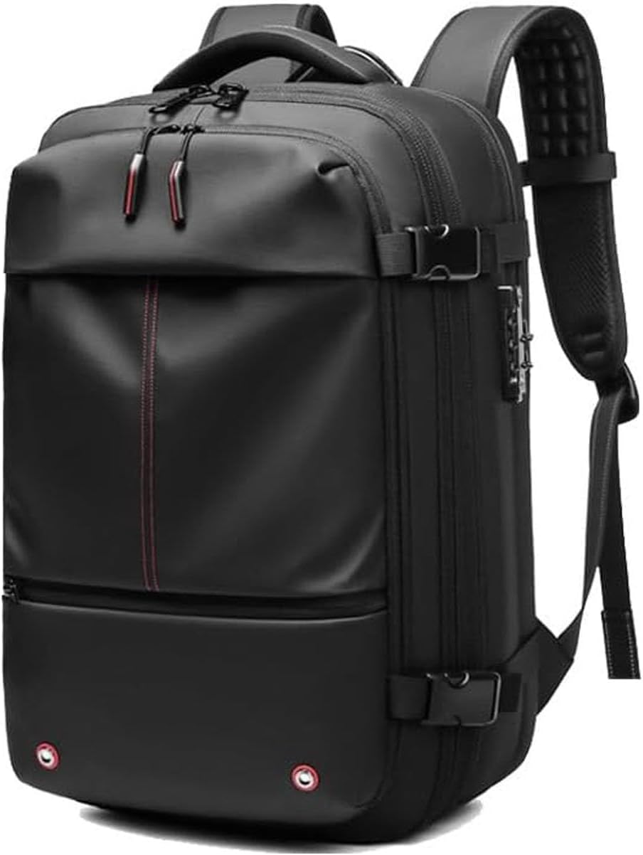 Travel backpack for men & women, with compression straps, a wet compartment, and anti-theft features.