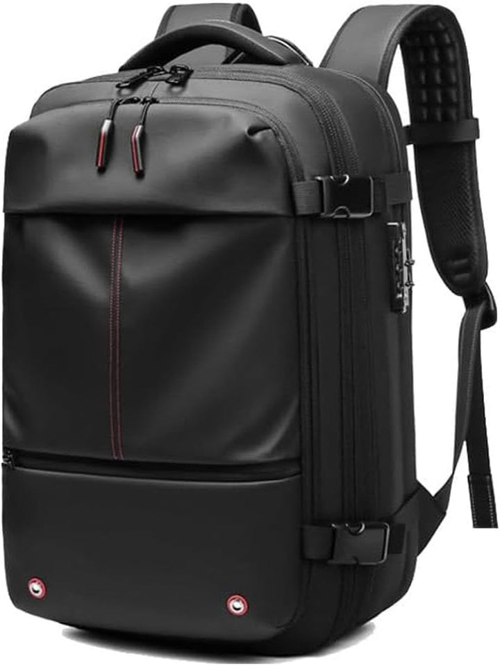 Travel backpack for men & women, with compression straps, a wet compartment, and anti-theft features.