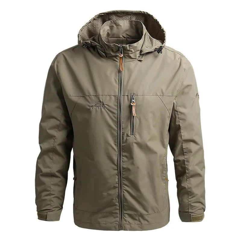 Men's lightweight waterproof windbreaker jacket for all-weather protection.