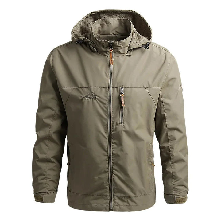 Men's lightweight waterproof windbreaker jacket for all-weather protection.