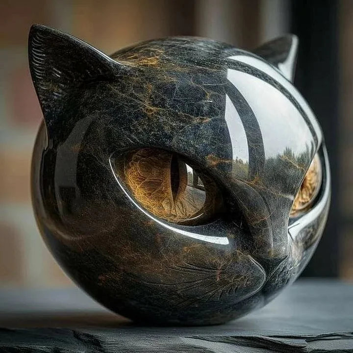 Handcrafted black cat head sculpture, a decorative resin art piece with mesmerizing eyes for unique home decor.