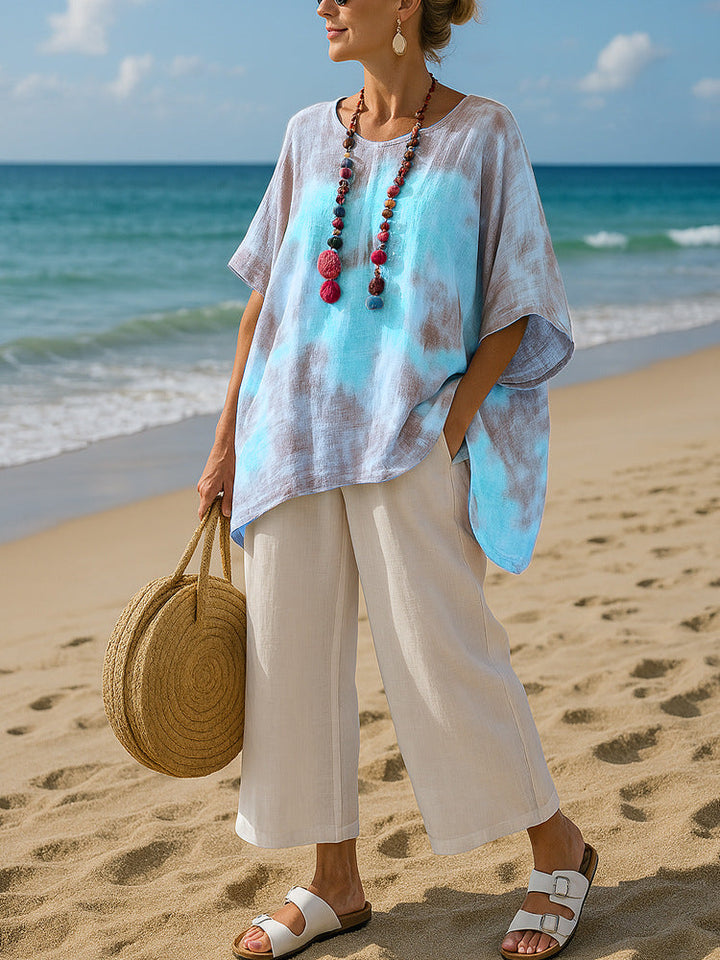 Women's royal blue asymmetric summer tunic top, relaxed fit, perfect flowy beachwear and comfortable casual style.