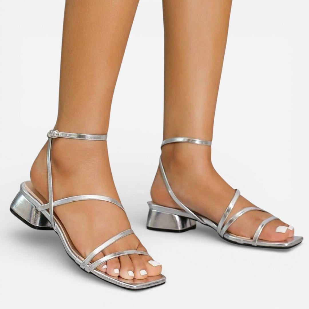 Gold metallic strappy block heel sandals for women. Elegant party & occasion wear footwear.