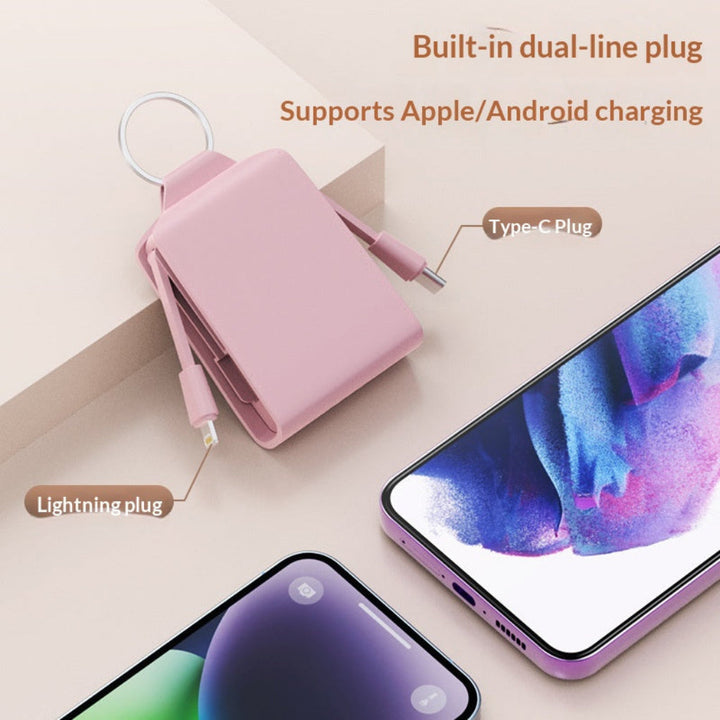 Mini CJ26 power bank with integrated dual cables for iPhone & Android. Compact emergency phone charger.