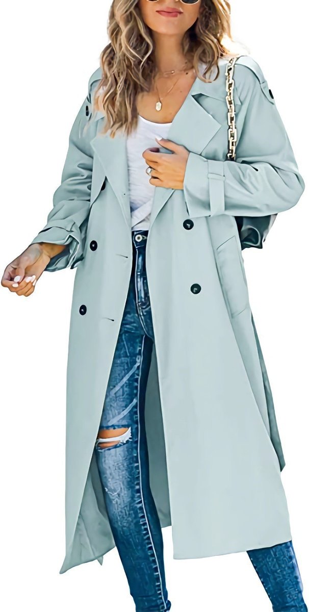 Sophisticated women's double-breasted trench with adjustable tie belt, a perfect layering piece.