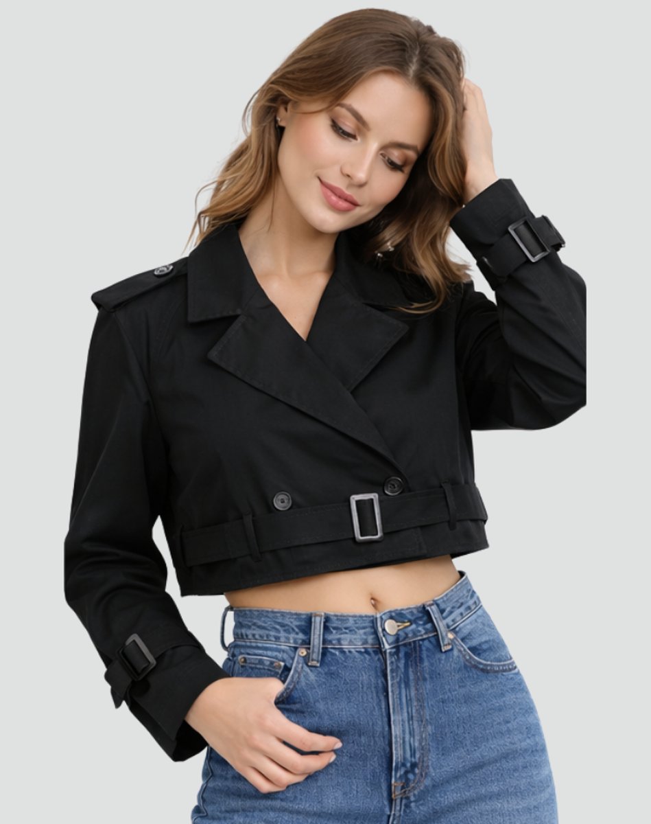 Modern women's tailored cropped trench coat, double-breasted & belted for a chic look.