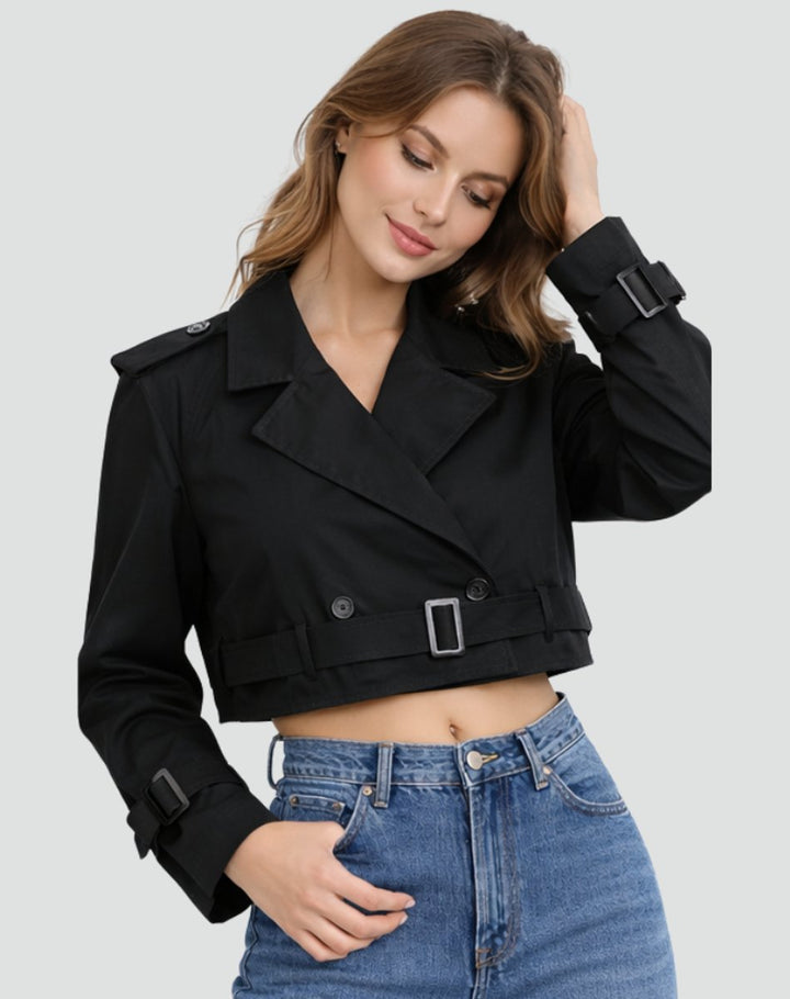Modern women's tailored cropped trench coat, double-breasted & belted for a chic look.