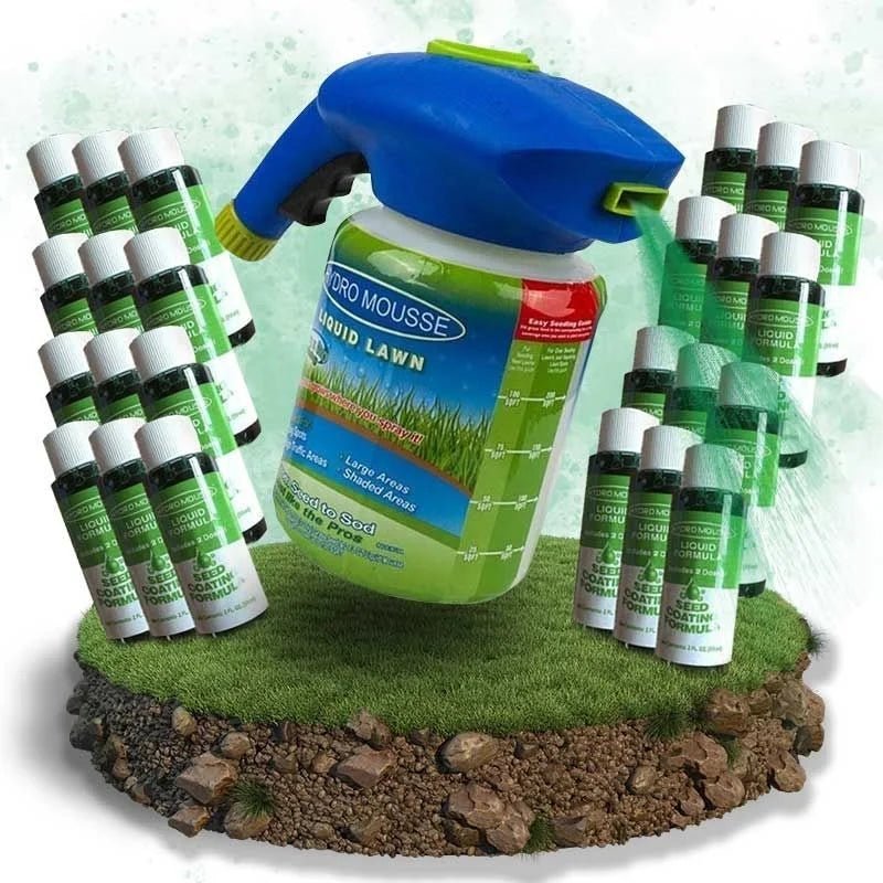 Eco-Friendly Lawn Seed Spray bottle for lush grass growth & sustainable garden care. Repairs bare patches.