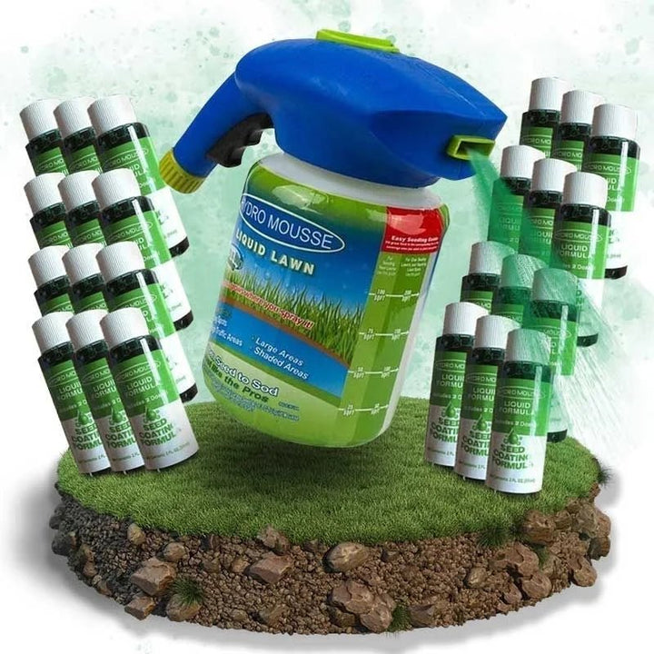 Eco-Friendly Lawn Seed Spray bottle for lush grass growth & sustainable garden care. Repairs bare patches.