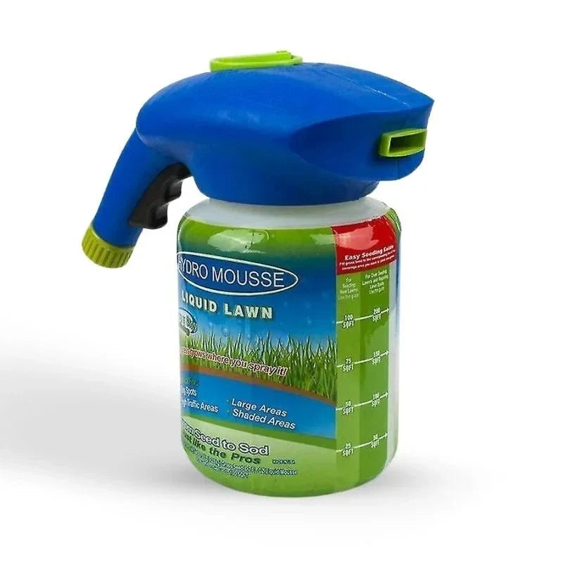 Watering can next to Eco-Friendly Liquid Lawn Seed Spray, vital for establishing new, lush grass.