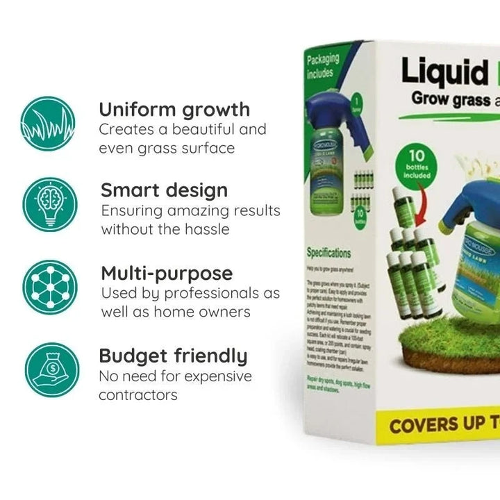 Eco-Friendly Lawn Seed Spray bottle sitting on a freshly grown, vibrant lawn, promoting sustainability.