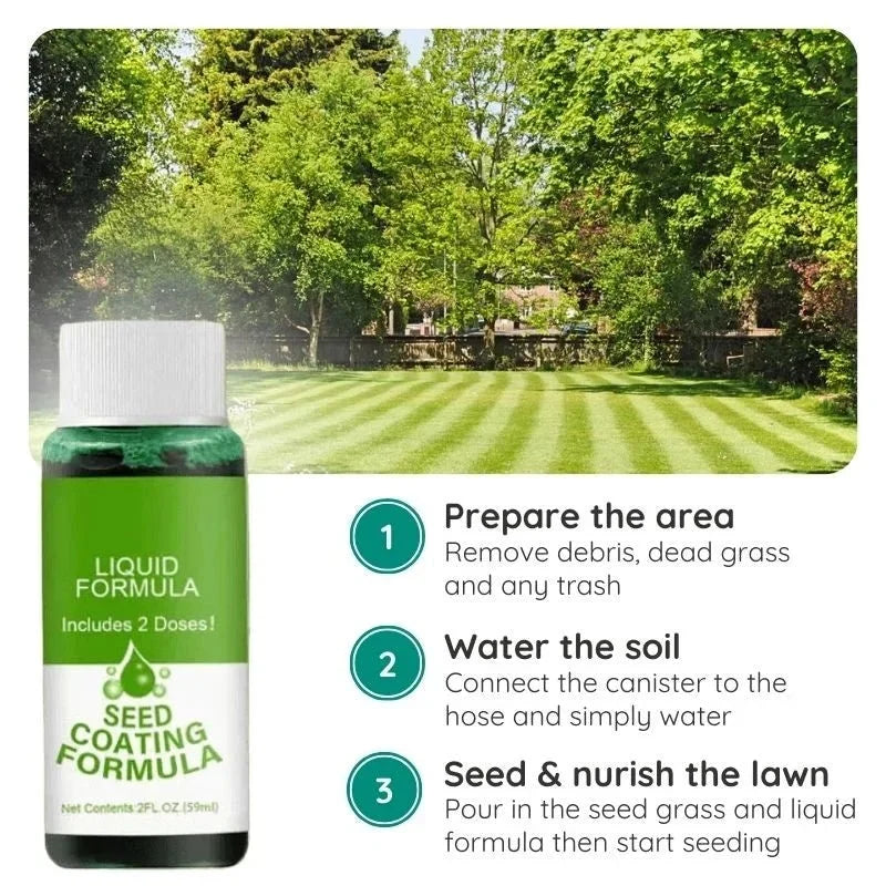 Garden tools accompany Eco-Friendly Lawn Seed Spray, essential for sustainable lawn care & grass repair.