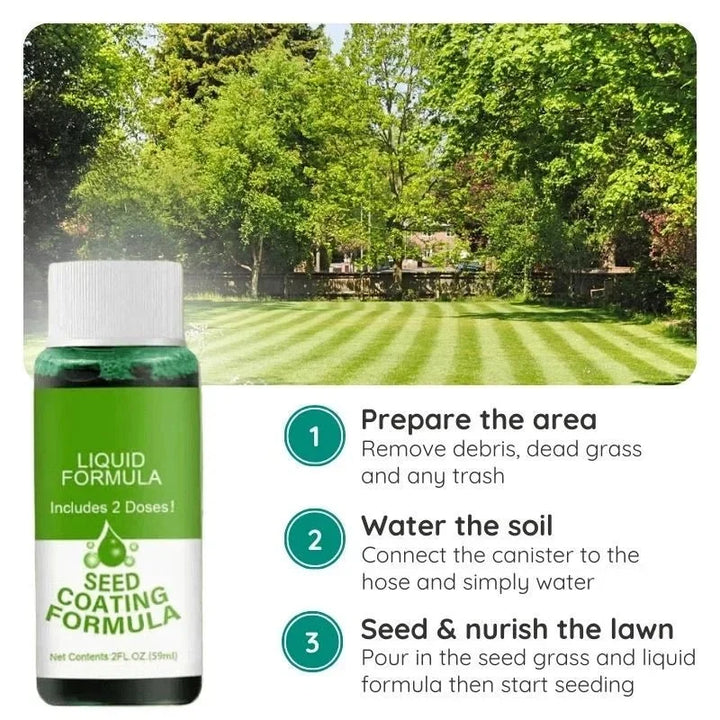 Garden tools accompany Eco-Friendly Lawn Seed Spray, essential for sustainable lawn care & grass repair.