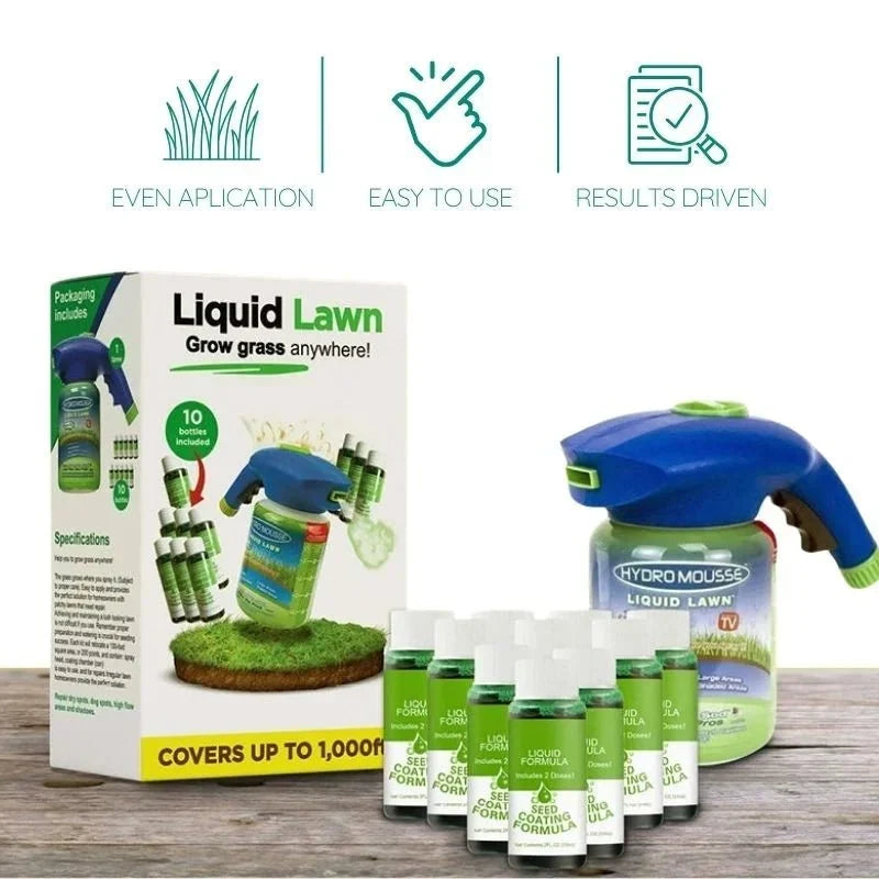 Detail of Eco-Friendly Lawn Seed Spray's label, emphasizing its sustainable grass growth & repair benefits.