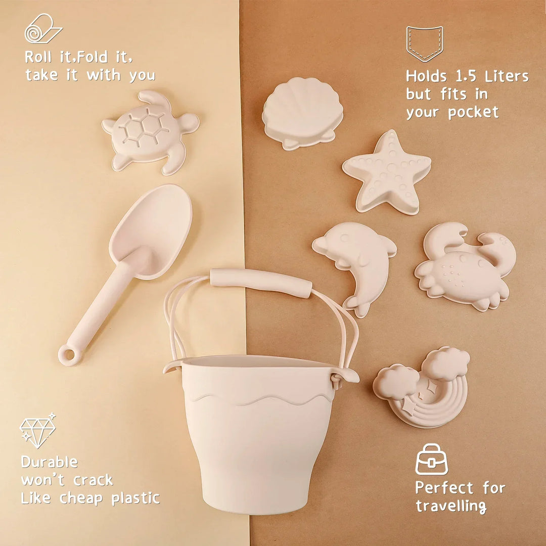 Soft, non-toxic silicone sand toy set for kids, perfect for building sandcastles and imaginative beach play.